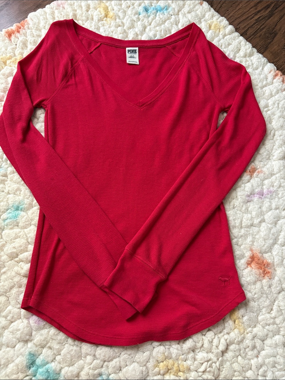 PINK Victoria's Secret Red Long Sleeve V-Neck Thermal Top